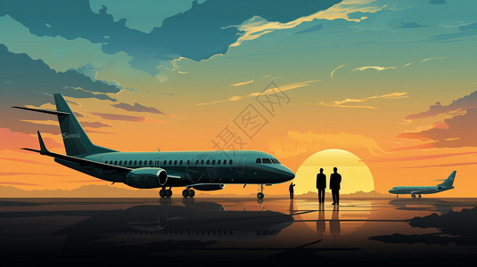 航空主题夕阳下的飞机插画