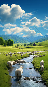 蒙古包羊群小溪里的羊群背景