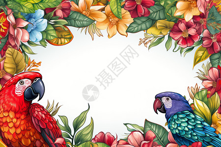 手绘创意热带鹦鹉花卉背景背景图片