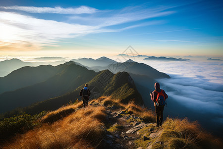 攀登山脉的旅行者背景图片