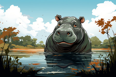 湖边可爱的河马卡通插图背景图片