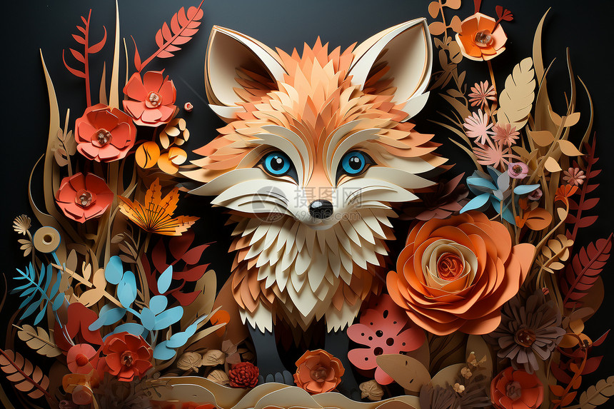 剪纸风创意艺术狐狸插图图片