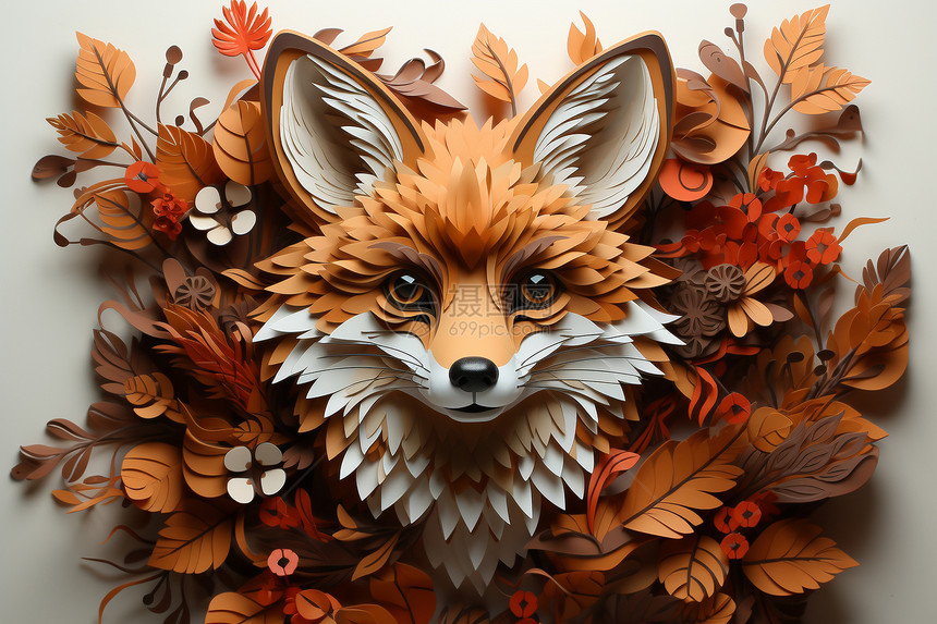3D剪纸风创意艺术狐狸插图图片