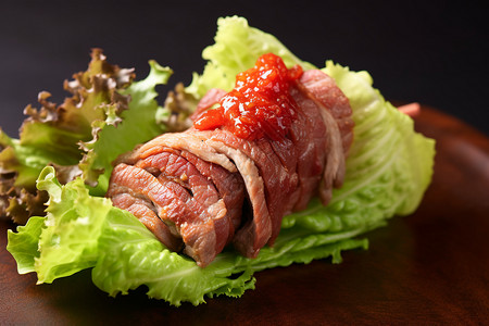 餐桌上的生菜卷烤肉高清图片