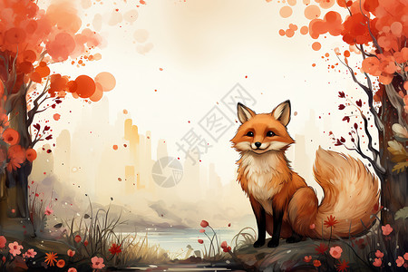 城市狐狸小狐狸与红叶的森林相遇插画