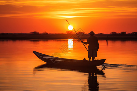 日落时湖上的渔船图片