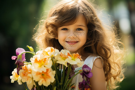 花园中抱着鲜花的小女孩背景图片