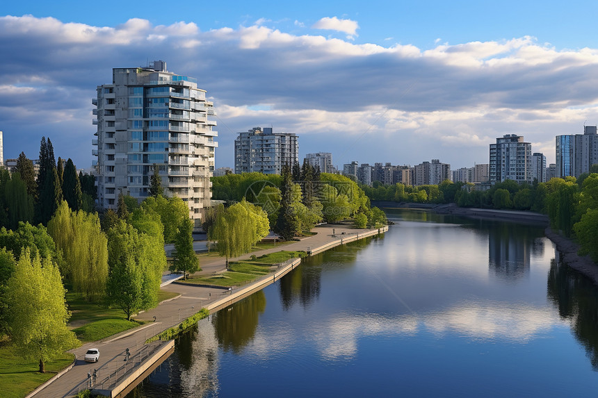 城市中的河流景观图片