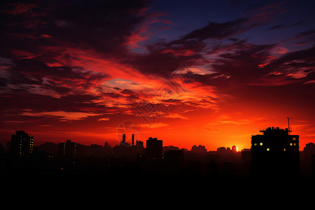 红色天空下的城市美景背景图片