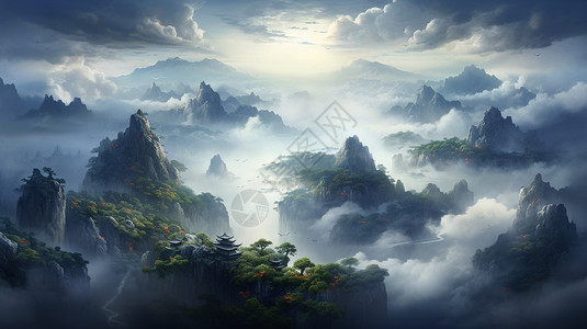 雾中的山水背景图片