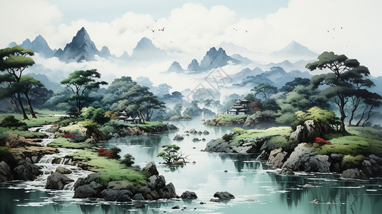 中国山水溪流水墨高清图片