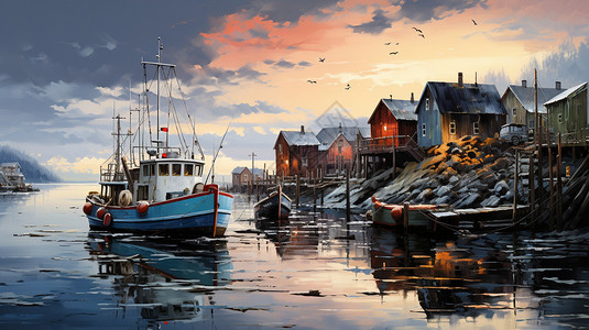 渔村码头海上渔船插画