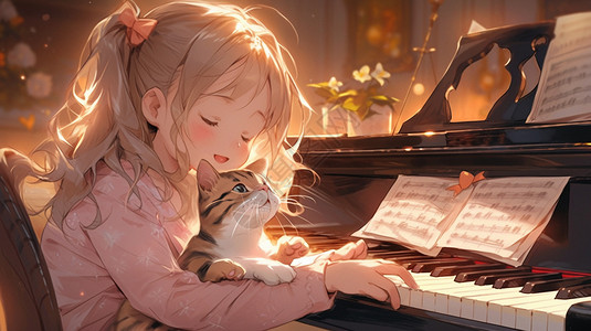 弹钢琴的小女孩抱猫弹琴的女孩插画