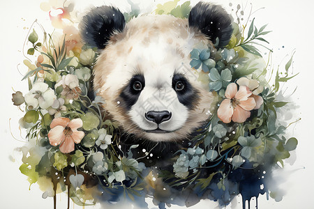 花丛中的熊猫水彩插画背景图片