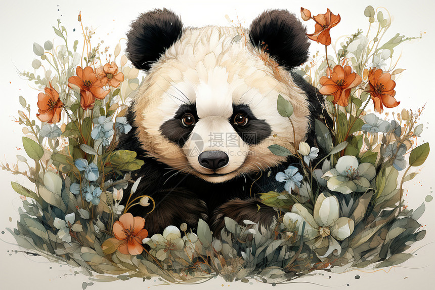 花丛中可爱的小熊猫图片