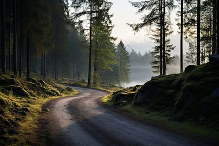 森林曲径，在雾气中穿行的一条路高清图片