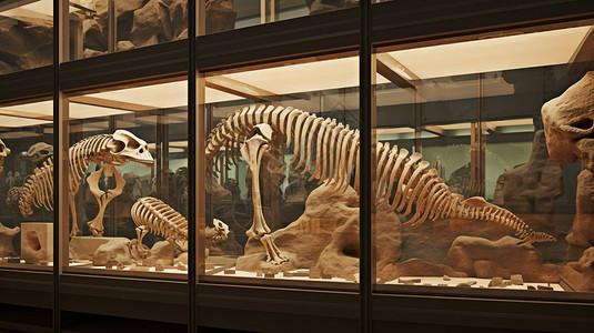 玻璃展柜中的恐龙化石高清图片