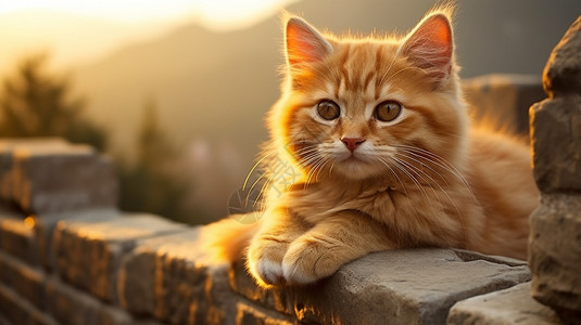 古迹上可爱的小橘猫图片
