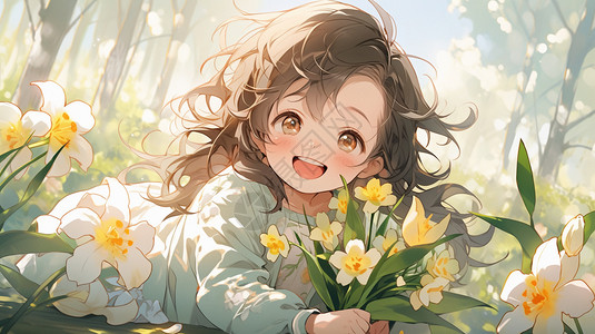 花丛中笑容灿烂的小女孩背景图片