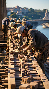 脚手架上施工的建筑工人图片