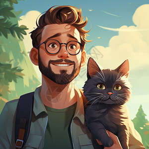 开心的男子和黑猫卡通插画背景图片