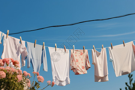 干洗衣晴朗的天气下晾衣服背景