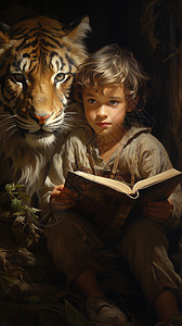 安静的小男孩与老虎插画图片
