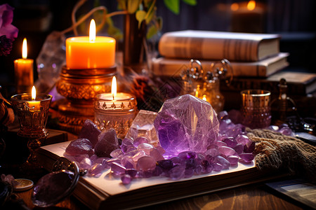 古典羽毛笔蜡烛旁边的紫水晶背景