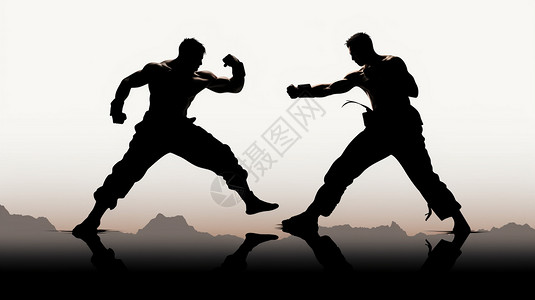 战斗运动员跳跃踢剪影背景图片