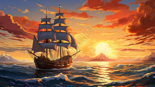 帆船日出探险的帆船插画