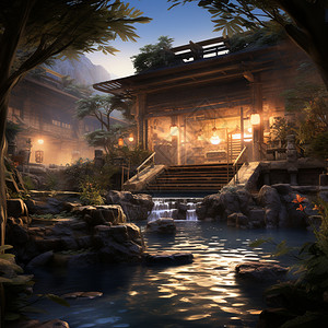 乡村日式温泉景观背景图片