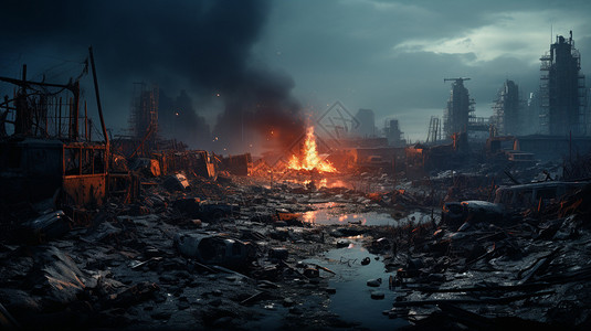 工厂大火摧毁的城市废墟景观插画