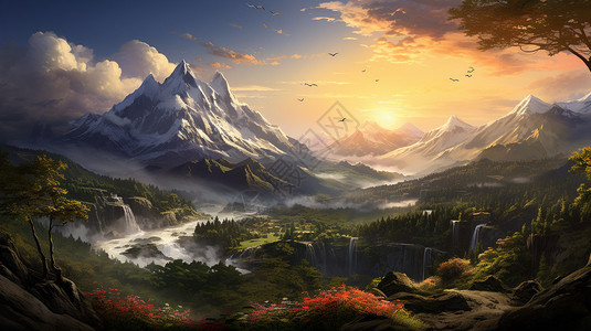 清晨的山间风景图片