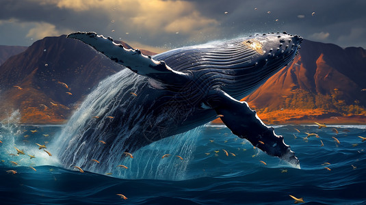 深海野生干贝海洋中跳跃的座头鲸创意插图插画