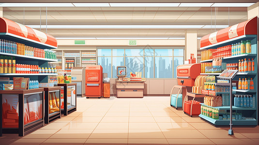 零售货架购物超市中的货架摆放插画