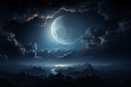 夜晚天空中的圆月设计图片