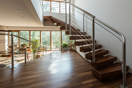 现代建筑中的木质楼梯背景图片