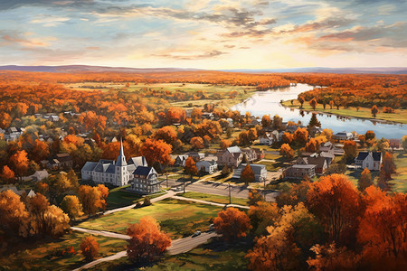 秋天色的小镇油画插图背景图片