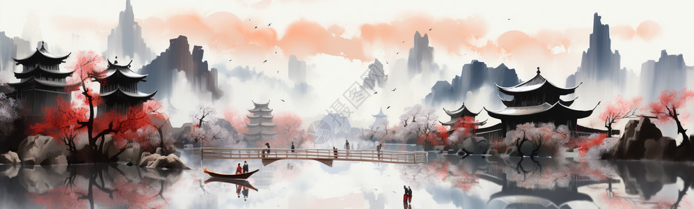 中式花园建筑风景背景图片