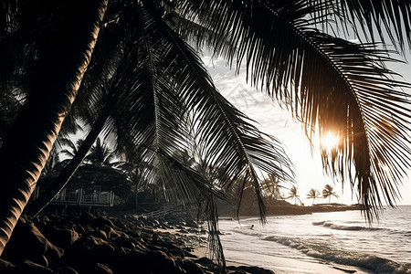 热带海滩的棕榈树图片