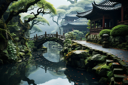 森林奇幻池塘边的中国风建筑背景