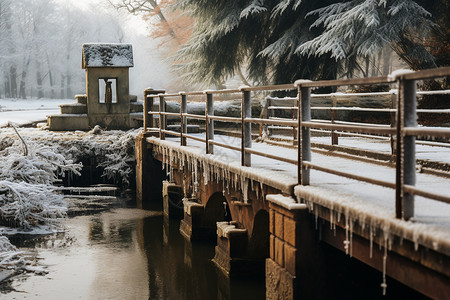 河闸门冬日雪景中的小桥背景