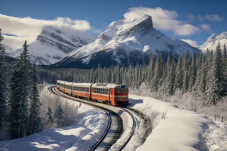 森林中的铁轨冬日森林中行驶的火车背景