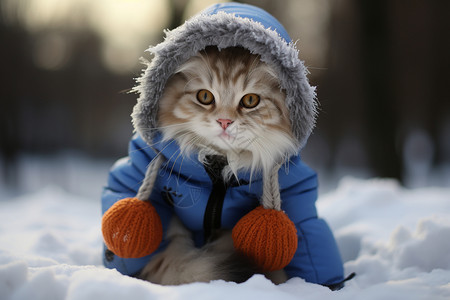 可爱雪虎雪地中穿服饰的猫咪背景