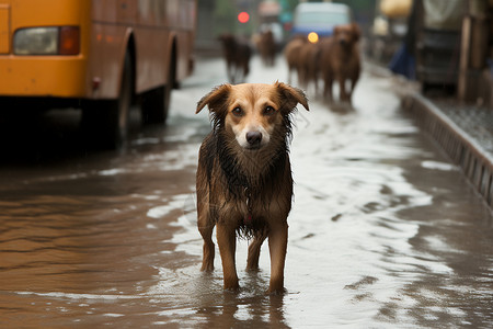 狗狗可怜表情包雨水中流浪的狗狗背景