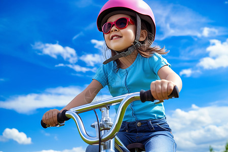 带安全头盔骑车子的小女孩背景图片