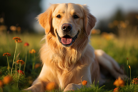 夏天户外草地上的金毛犬背景图片