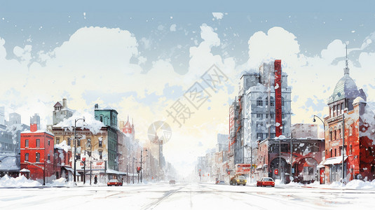 香港街景油画冬天白雪覆盖的城市街景插画