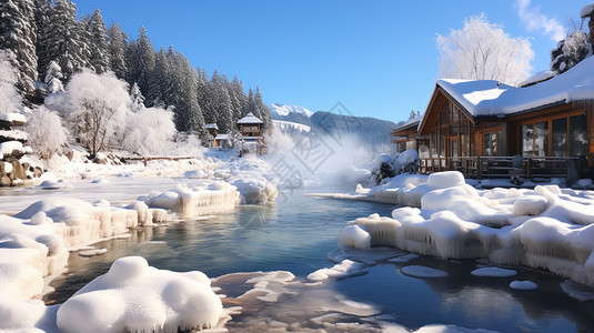 冬季温泉天然形成的户外温泉背景