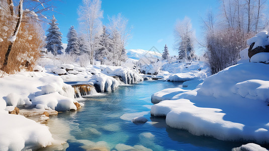 壮观的冬季高山河流景观图片